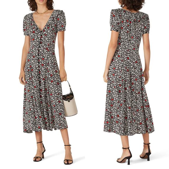 Polo Ralph Lauren Crepe Black Floral Midi Dress - Picture 1 of 15